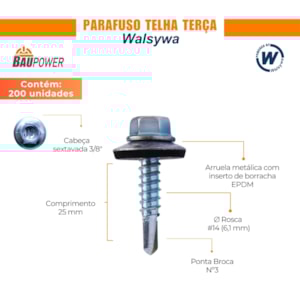 PAR TELHA TERÇA PTA 3 #14 X 1" CX COM 200 PC